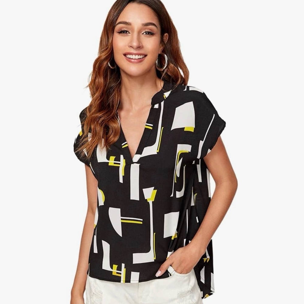 Geometric Print V-Neck Blouse in Black, White & Yellow